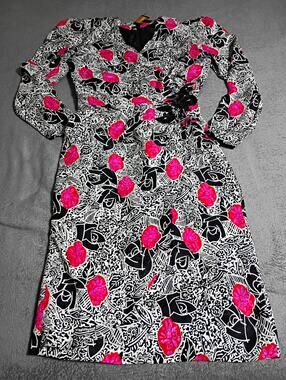 Vintage St. Gillian Silks Faux Wrap Midi Dress Black floral Pink Sz 4 100% Silk